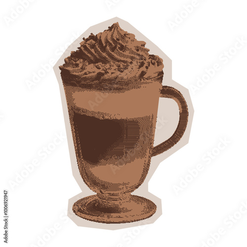Halftone glass of coffee creamer. Vector element with dotted effect in retro pop art style. Coffee concept. Contemporary stipple grunge punk sticker for prints, graphics, design, menus. 
