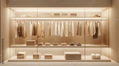 Minimalist wardrobe with neutral color palettes. Decluttered lifestyle concept