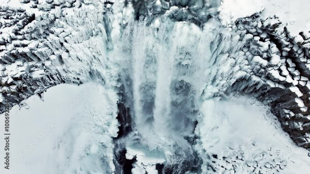 Waterfall in Iceland, Frozen river in winter, Magical location of snow and ice, Magical winter landscape in the northern country, Svodufoss Waterfall in Iceland, Frozen river in winter, Magical location of snow and ice, Magical winter landscape in the northern country, Svodufoss