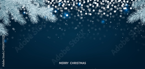 Merry Christmas background with lights, sparkle and spruce branch.