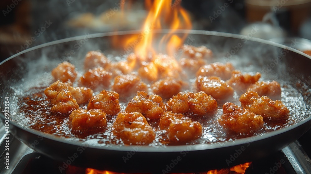 Crispy Chicken Stir Fry Cooking In A Frying Pan With Flames Crispy Chicken Stir Fry Cooking In A Frying Pan With Flames