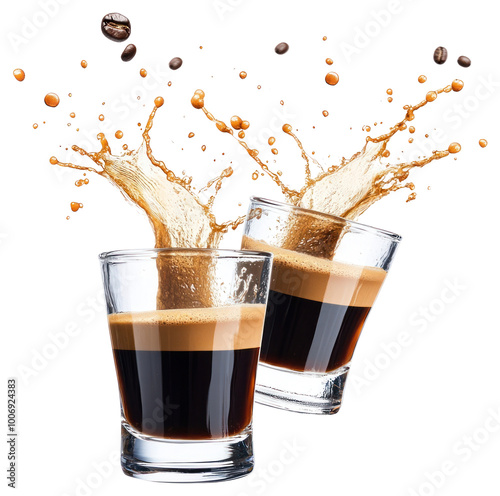 PNG Glasses of espresso clinking together beverage coffee splash. photo