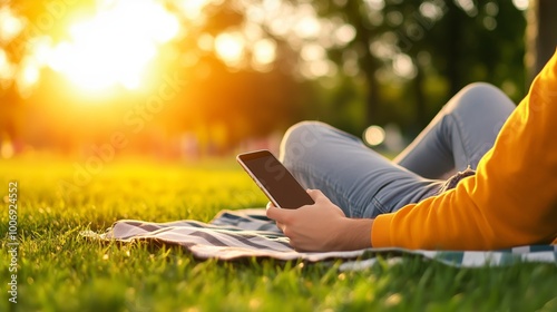 A person relaxing in a park, enjoying a podcast on their phone while lounging on a picnic blanket, surrounded by nature and sunlight filtering through the trees.  photo