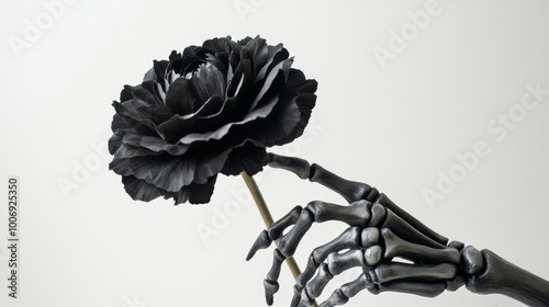 A metallic skeleton hand holding a black flower, symbolizing contrast between life and death, artificial and natural beauty.