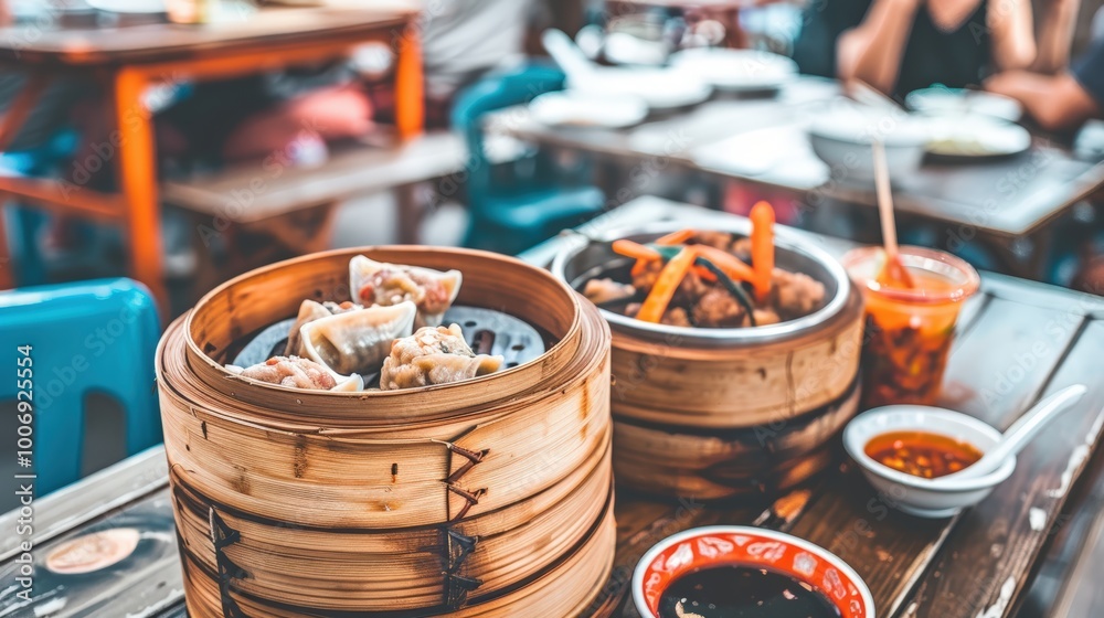 Delicious Asian Cuisine in Bamboo Steamer Baskets Delicious Asian Cuisine in Bamboo Steamer Baskets