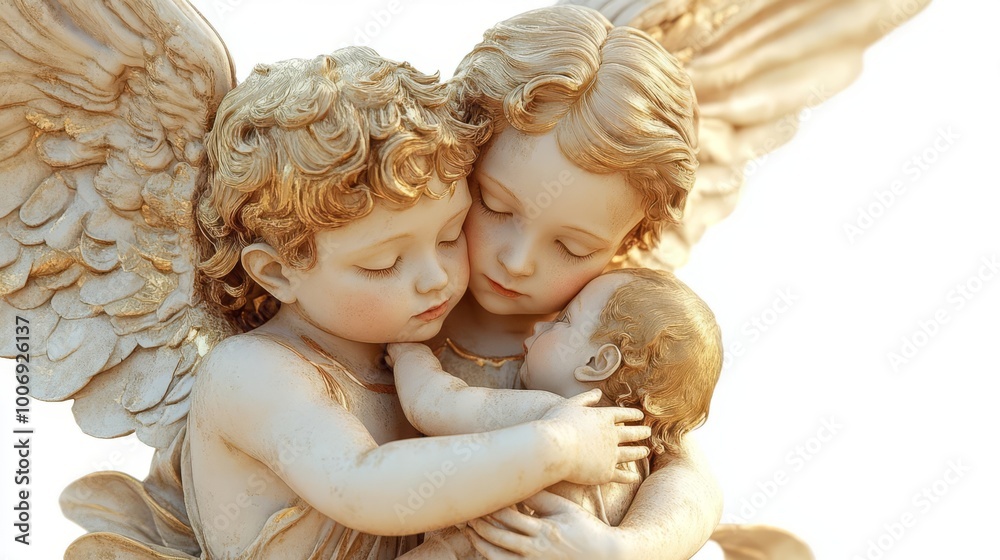 Fototapeta premium A serene sculpture of two angels holding a baby, symbolizing protection, love, and divine care, beautifully crafted in marble.