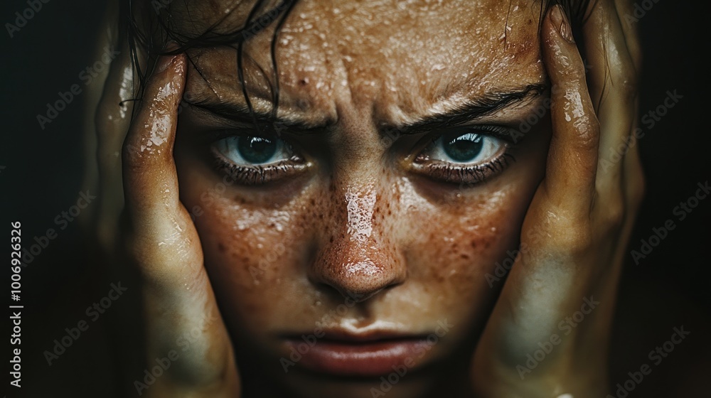 Close-up Portrait of a Person with Wet Skin and a Serious Expression Close-up Portrait of a Person with Wet Skin and a Serious Expression