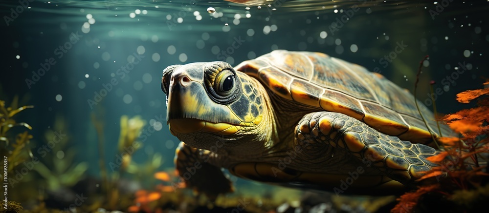Close-up river turtle wide eyes swimming underwater Close-up river turtle wide eyes swimming underwater