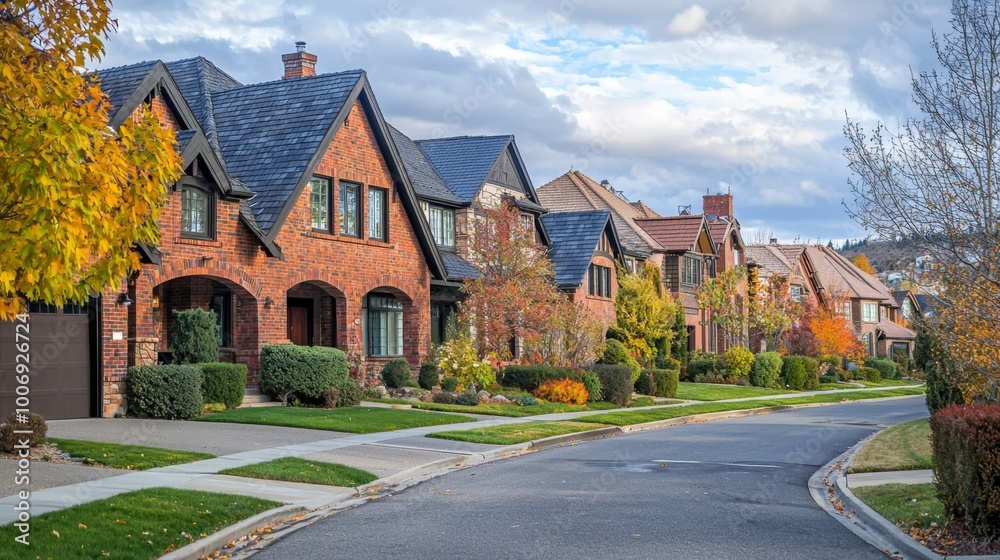 Fototapeta premium Serene suburban neighborhood with tree-lined streets, colorful flowerbeds, and cozy homes