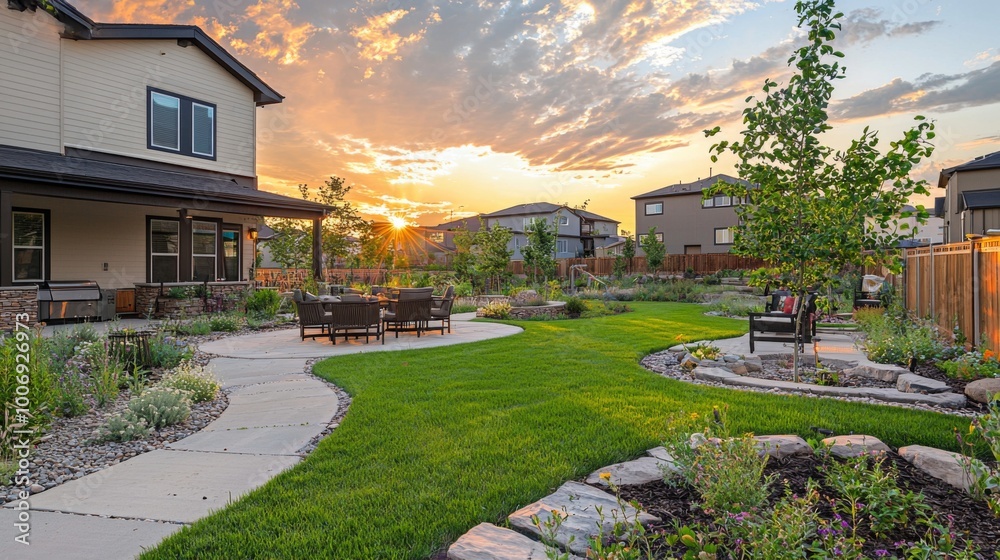 Fototapeta premium Serene suburban neighborhood with tree-lined streets, colorful flowerbeds, and cozy homes