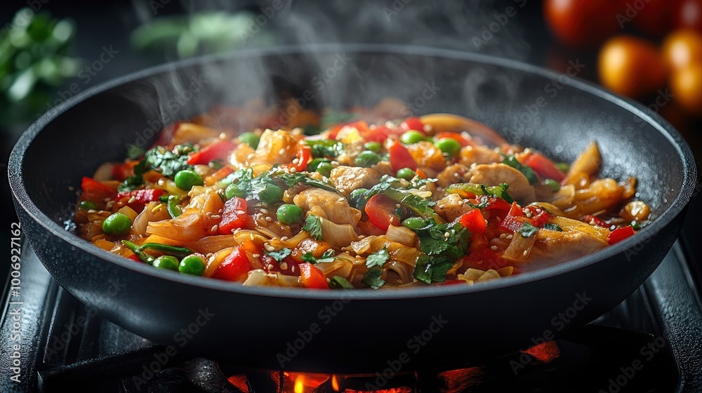 Delicious Stir Fry Cooking in a Pan with Steam Delicious Stir Fry Cooking in a Pan with Steam