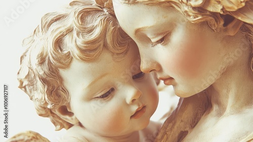 A close-up shot of a tender, beautifully crafted sculpture depicting a mother and child, highlighting their intimate connection and serene expressions.