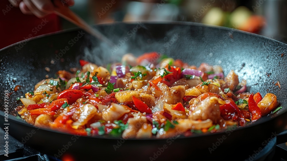 Stir-fried Chicken and Vegetables in a Wok Stir-fried Chicken and Vegetables in a Wok