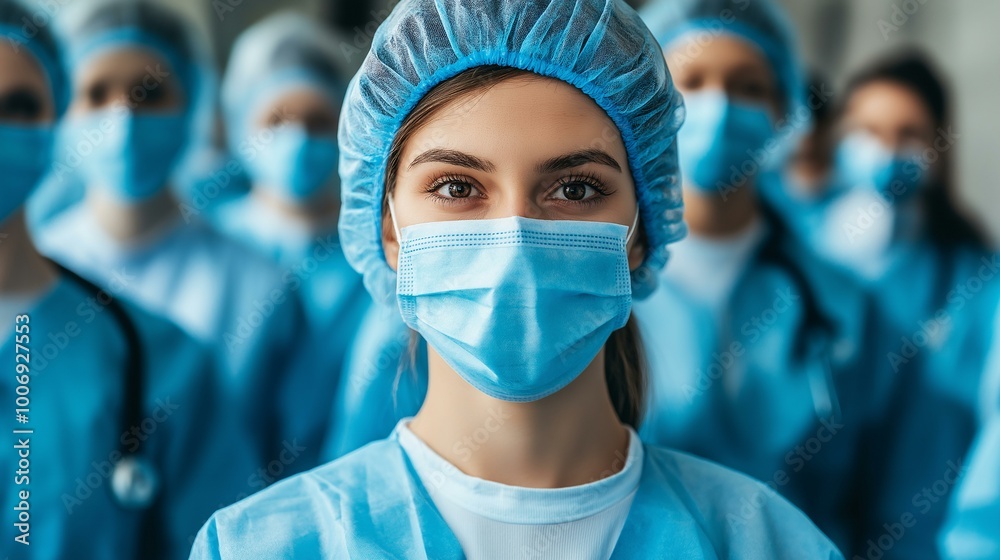 Portrait of Medical Professionals Wearing Blue Protective Masks in a Hospital Setting Portrait of Medical Professionals Wearing Blue Protective Masks in a Hospital Setting