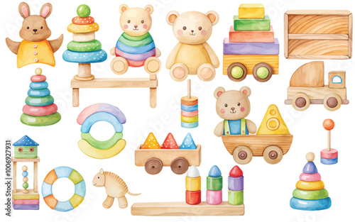 Watercolor wood kids toys isolated on a white background
