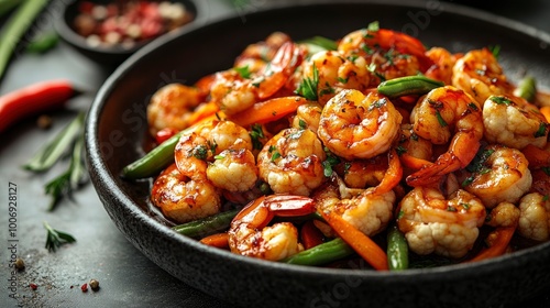 Delicious Stir-Fried Shrimp with Vegetables in a Black Wok