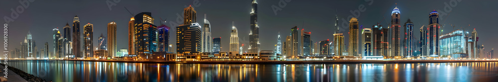 Naklejka premium Panoramic view of Dubai's Business Bay at night, with illuminated buildings