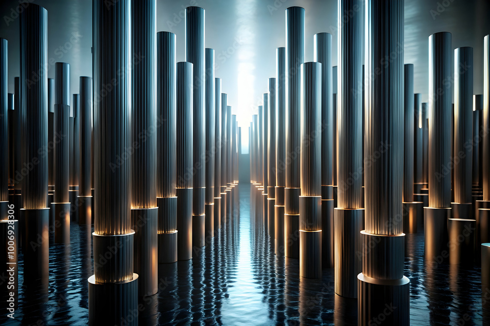 Metallic Pillars & Glowing Path: A mesmerizing abstract scene of metallic pillars rising from a reflective pool of water, illuminated by a radiant beam of light. Metallic Pillars & Glowing Path: A mesmerizing abstract scene of metallic pillars rising from a reflective pool of water, illuminated by a radiant beam of light.