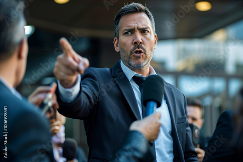 Angry politician points finger while asking questions.