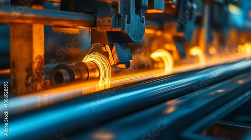 An industrial machine at a sheet metal production plant winds molten metal into a ball to then produce sheet metal of the required size using artificial intelligence.