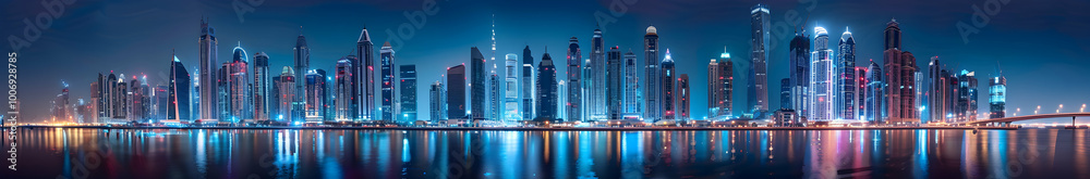 Fototapeta premium Panoramic view of Dubai's Business Bay at night, with illuminated buildings