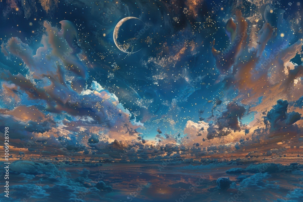 A stunning cosmic scene featuring a starry night sky, vibrant clouds, and a crescent moon illuminating the tranquil atmosphere.