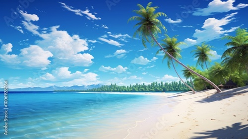 Beautiful tropical ocean with blue sky and palm trees in summer