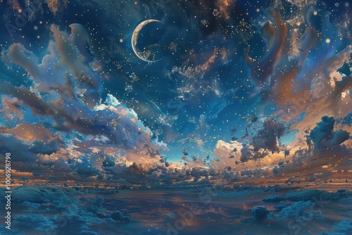 Obraz na płótnie A stunning cosmic scene featuring a starry night sky, vibrant clouds, and a crescent moon illuminating the tranquil atmosphere. w salonie