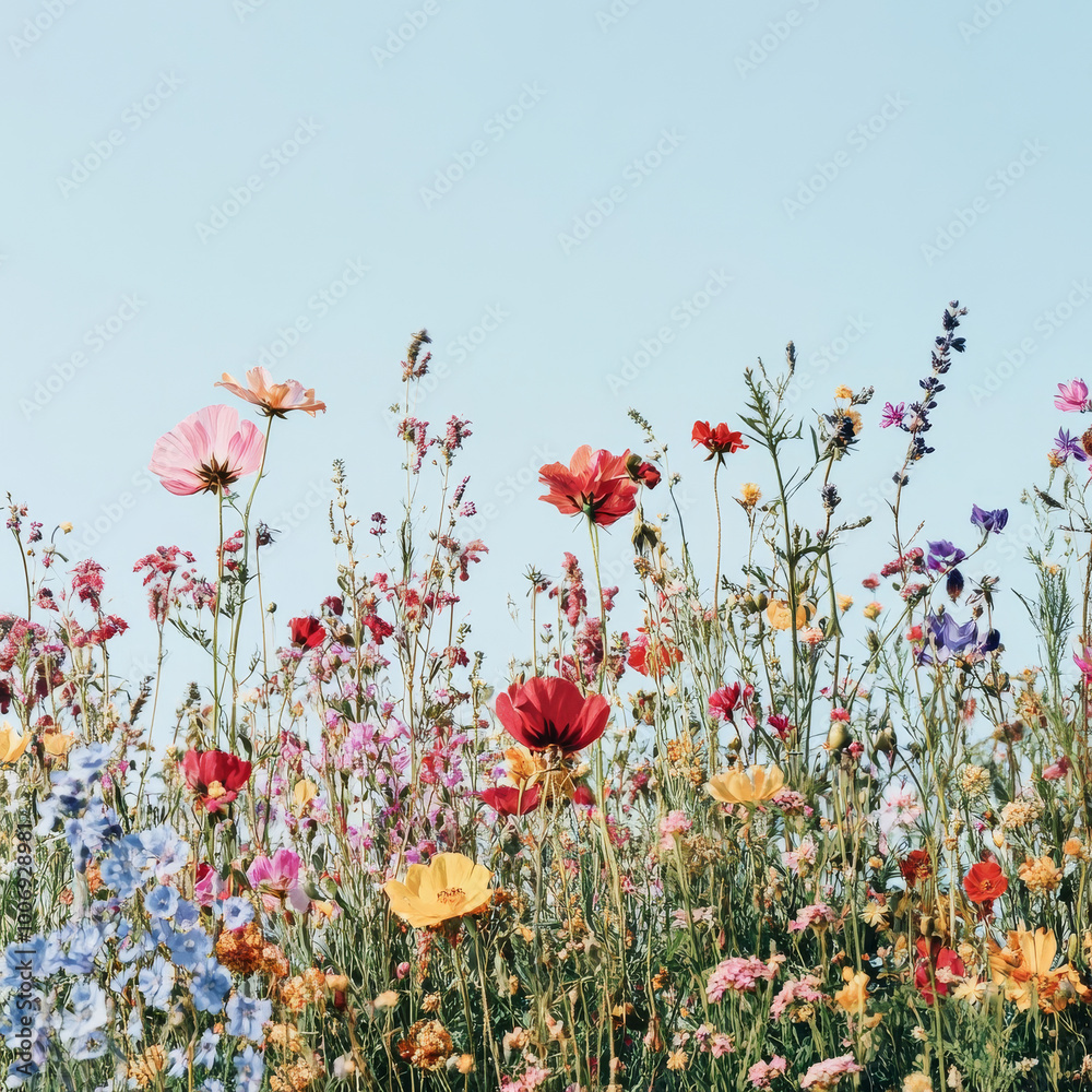 Obraz premium vibrant floral garden filled with colorful wildflowers under clear blue sky, creating cheerful and serene atmosphere