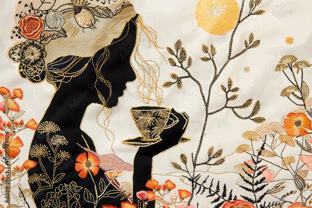 A silhouette of a woman holding a cup among floral patterns, showcasing intricate embroidery and vibrant colors against a light background.