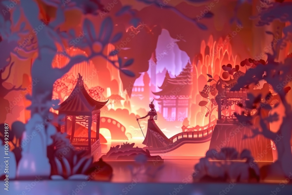 Obraz premium A vibrant paper cutout scene depicting a fantastical landscape with a figure in a flowing gown, surrounded by illuminated mountains and architectural elements.