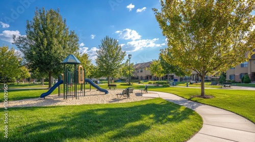 Serene suburban neighborhood with tree-lined streets, colorful flowerbeds, and cozy homes