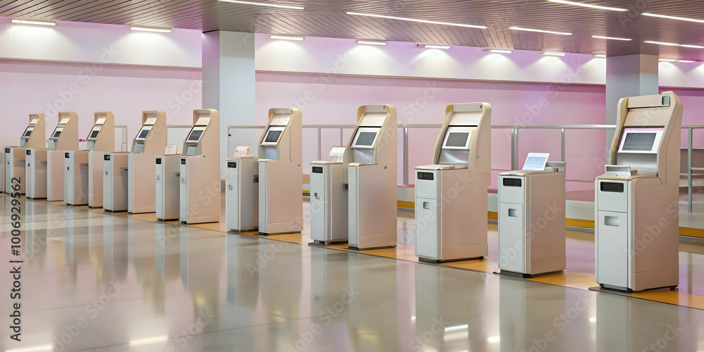 Fototapeta premium Airport Check-in Kiosks: A row of modern, self-service check-in kiosks line the airport terminal, offering travelers a streamlined and efficient check-in experience. 