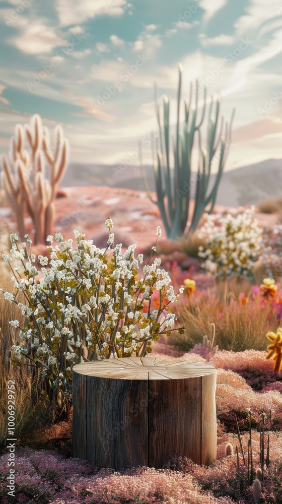 A serene landscape featuring a wooden stump surrounded by colorful flowers and cacti under a bright sky.