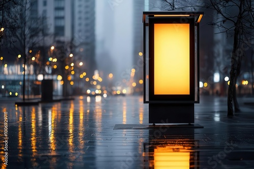 Wallpaper Mural Illuminated bus stop in a rainy urban setting with reflections. Torontodigital.ca