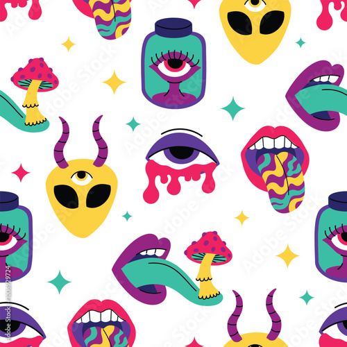 Psychedelic trend seamless pattern, bright acidic elements. Cartoon illustration on a white background
