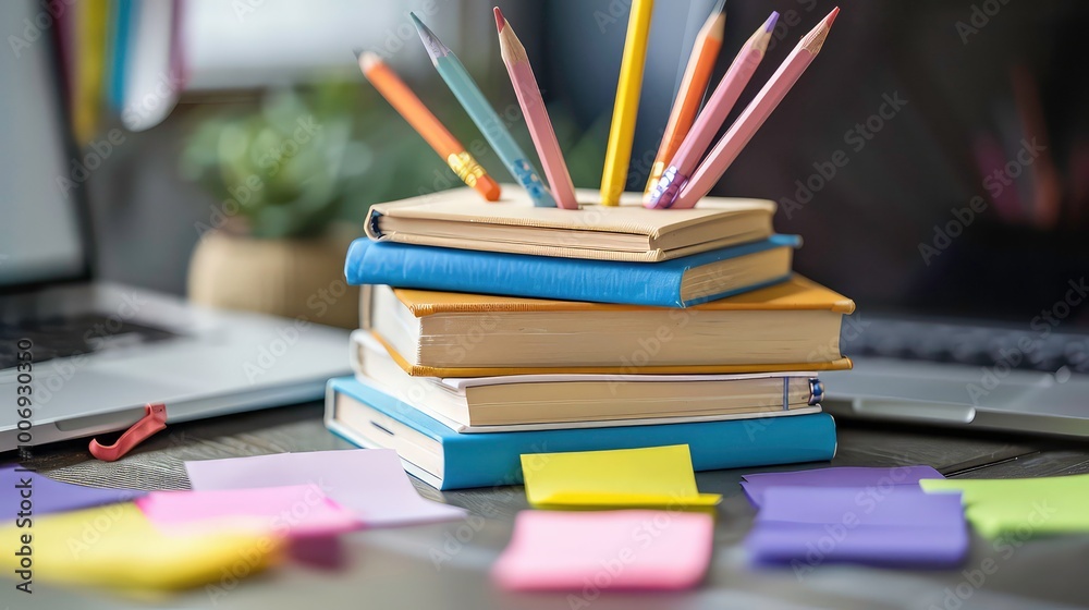 A stack of books with pencils stuck in the top one, along with sticky notes and a laptop.