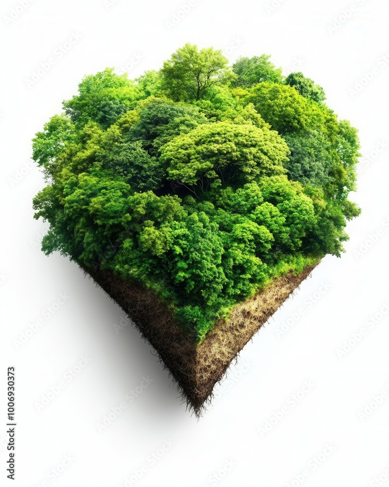 Fototapeta premium Floating Green Forest Island with Roots on White Background