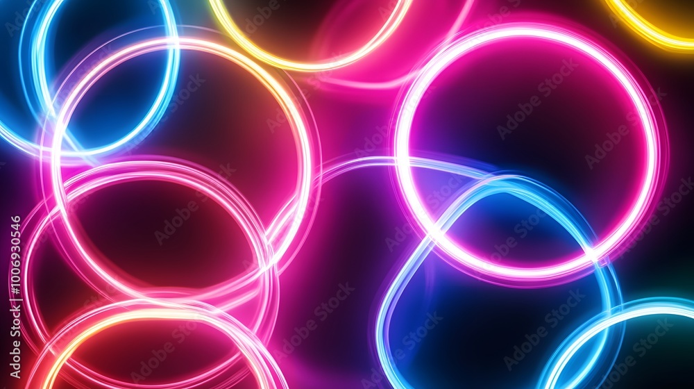 Abstract neon background with glowing light effects and dynamic curves in the shape of rings Abstract neon background with glowing light effects and dynamic curves in the shape of rings