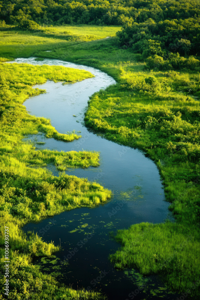Aerial View of Winding River Through Lush Green Meadow Aerial View of Winding River Through Lush Green Meadow