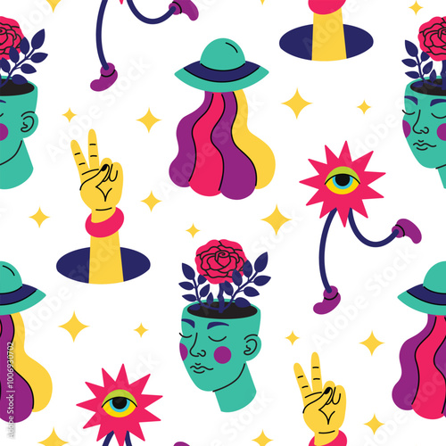 Psychedelic trend seamless pattern, bright acidic elements. Cartoon illustration on a white background