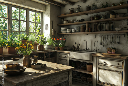 Minimalist kitchen interior with white cabinets and granite countertops, featuring a dining table and four chairs overlooking a lush garden through a large window photo