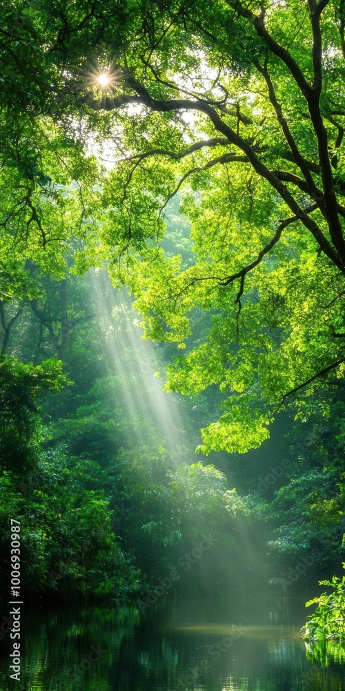 Sunbeams Through Lush Green Forest Canopy Over Calm Water Sunbeams Through Lush Green Forest Canopy Over Calm Water