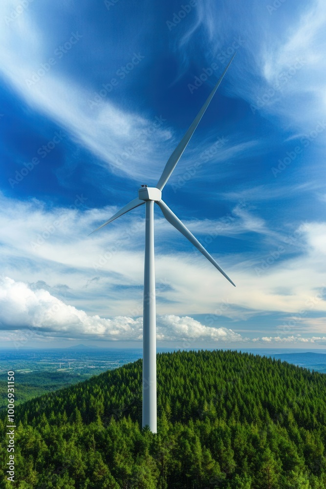 Wind Turbine in Forest Landscape with Blue Sky and Clouds Wind Turbine in Forest Landscape with Blue Sky and Clouds