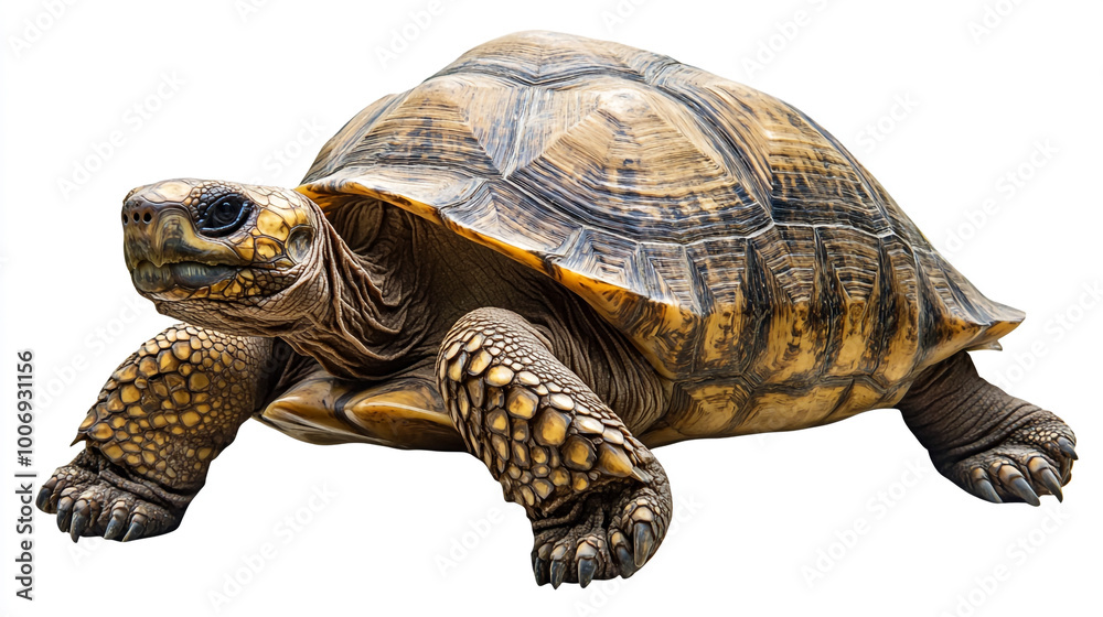 Fototapeta premium A large tortoise walking across a flat surface, showcasing its detailed shell and limbs
