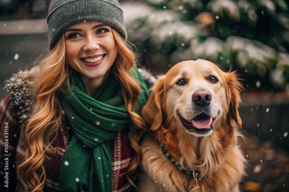 Happy New Year and Merry Christmas! Pets. A woman hugs a retriever dog. A conscious life with pets, the concept of love for animals. Happy New Year and Merry Christmas! Pets. A woman hugs a retriever dog. A conscious life with pets, the concept of love for animals.