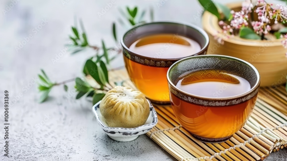 Serene Tea Moment with Herbal Elements Serene Tea Moment with Herbal Elements