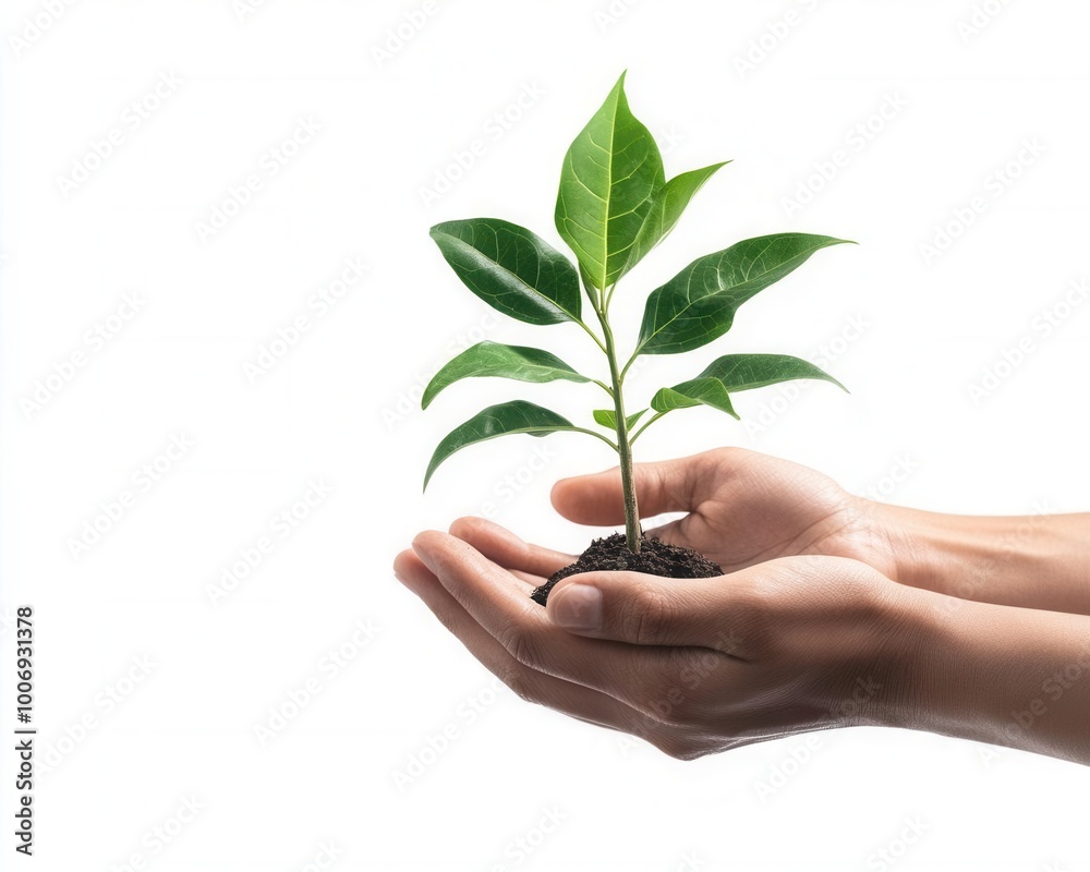 Hands Holding a Small Plant with Green Leaves Hands Holding a Small Plant with Green Leaves