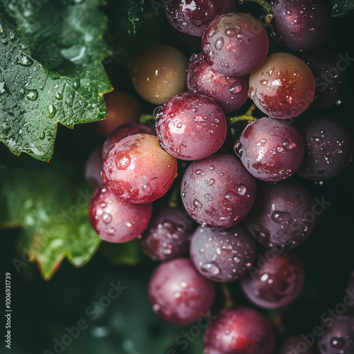 Wallpaper Mural Fresh grapes glistening with water droplets, showcasing their vibrant colors and lush green leaves. This close up captures beauty and freshness of natures bounty Torontodigital.ca