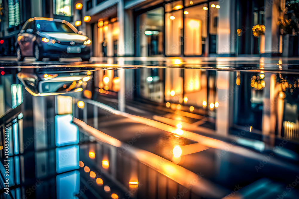 Fototapeta premium City Reflections: A car drives through a rainy city street, its reflection shimmering in a puddle, creating a mesmerizing mirror image of the urban landscape.